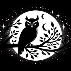 Stylized Black and White Owl on a Branch in Moonlight