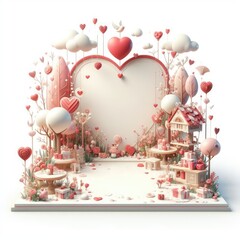 Valentine's Day whimsical scene with heart-shaped frame and decorations