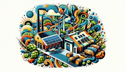 Illustration of a Colorful Sustainable Brewery with Solar Panels