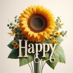 Bouquet of sunflowers with the word "Happy"