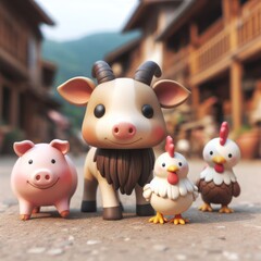 Cute Toy Farm Animals on a Village Street
