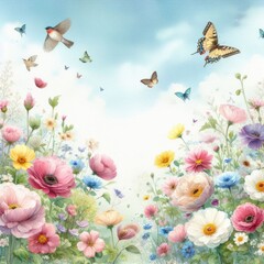 Colorful Illustration of a Flower Garden with Butterflies and Birds