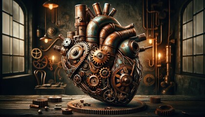 Steampunk Heart Sculpture in Industrial Workshop - obrazy, fototapety, plakaty