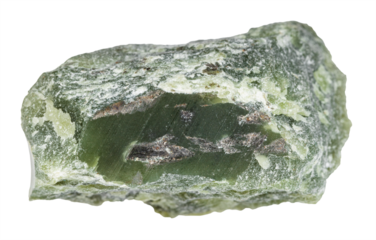 close up of sample of natural stone from geological collection - rough green nephrite mineral isolated on white background