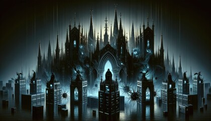 Gothic-Inspired Futuristic Cityscape with Dark Atmosphere