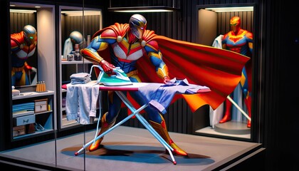 Superhero Statue Ironing Clothes in Modern Room