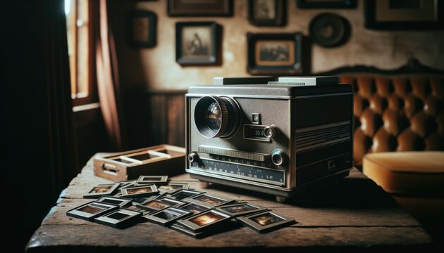Vintage Film Camera and Photos on Wooden Table