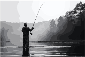 catch a big fish on fishing vector black silhouette - obrazy, fototapety, plakaty
