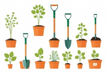 Collection of garden tools and plants. Gardening or horticulture concept.