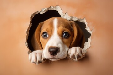 cute beagle puppy dog peeks out of a hole in the pink wall. background. pet. a breed of dog.