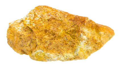 close up of sample of natural stone from geological collection - raw beaverite-(cu), beaverite mineral isolated on white background from Kontrolnoye deposit, Bashkiria