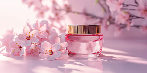 Obraz na płótnie Canvas Beautiful cosmetic jars, with cherry blossom flowers in the background
