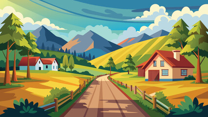 beautiful vector landscape village road .eps
