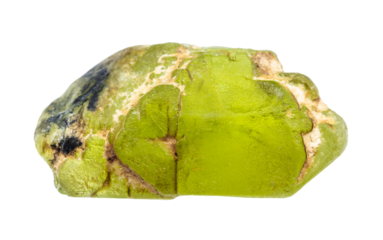 close up of sample of natural stone from geological collection - raw peridot crystal isolated on white background from Pakistan