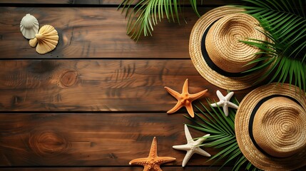 palm leaf, sea shell, starfish, and straw hat on wooden planks background. summer background. copy space.