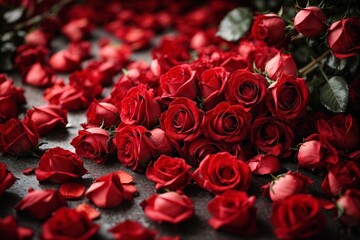 red roses and petals. red roses on the ground. bouquet of roses. 