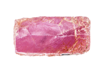 close up of sample of natural stone from geological collection - unpolished pink ruby crystal isolated on white background from Myanmar