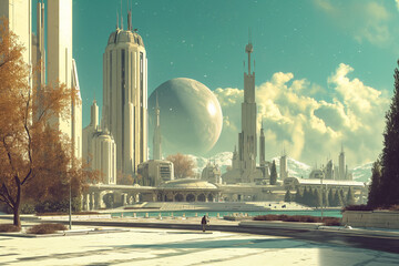 Retrofuturistic landscape in mid-century sci-fi style. Retro science fiction scene with futuristic city buildings. - 765815950
