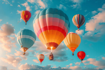 Colorful hot air balloons soaring in sky