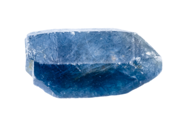 close up of sample of natural stone from geological collection - rough blue sapphire crystal isolated on white background from Tanzania