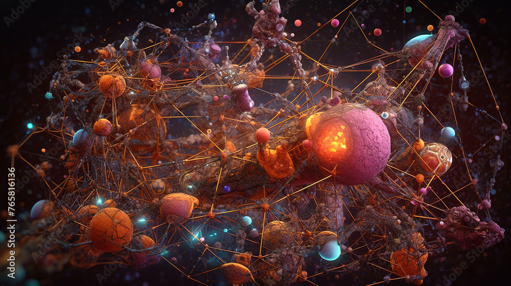 Poster abstract scientific concept with connected cells and particles. science microscopic background.