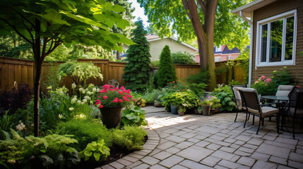 Garden furniture in the back yard of a house with a garden bed
