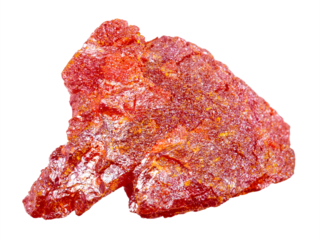 close up of sample of natural stone from geological collection - raw realgar mineral isolated on white background from Altai