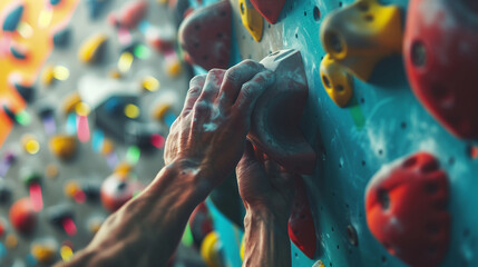 climbing wall. Close-up of a hand holding on to a climbing wall