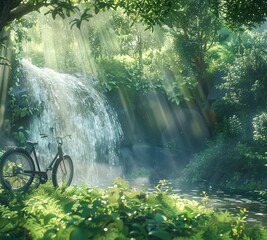 Perched on the edge of a tranquil meadow, a bicycle stands beneath a cascading waterfall surrounded by lush foliage.