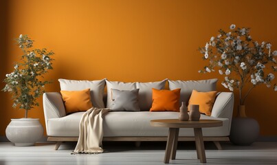 Stylish sofa with center table in the living room, orange tone paint on the wall