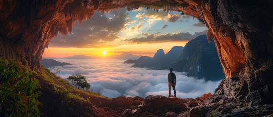 A man stands on the edge of an ancient cave, gazing out at the sunrise over clouds and mountains - obrazy, fototapety, plakaty