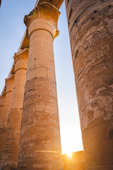 Luxor, Egypt - October 27, 2022. Sunset through the impressive columns of the Luxor Temple. - 765816788