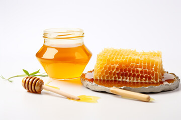 The theme is missing honeycomb .fresh honey , studio photo. white background сreated with Generative Ai