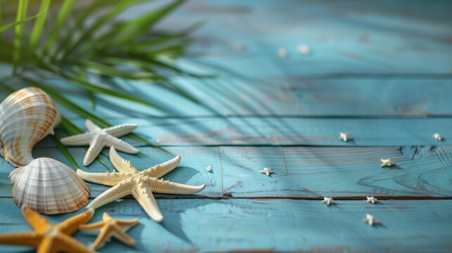 palm leaf, sea shell, and starfish, on blue wooden planks background. summer background. copy space.