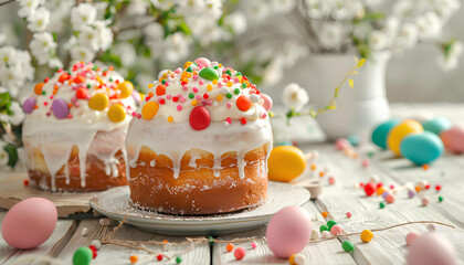 Fototapeta na wymiar Easter cakes and colorful eggs