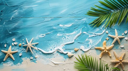 Fototapeta na wymiar tropical summer background with seawater, palm trees, and starfish.