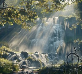 Perched on the edge of a tranquil meadow, a bicycle stands beneath a cascading waterfall surrounded by lush foliage.