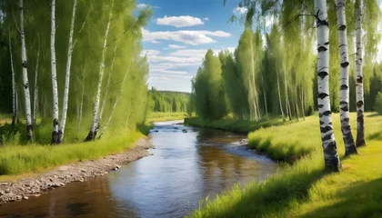 Fotobehang Beautiful summer afternoon landscape with birches and a river. © Mitica