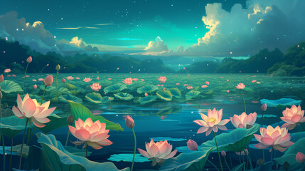 Fototapeta na wymiar Enchanted Lotus Dream flat style