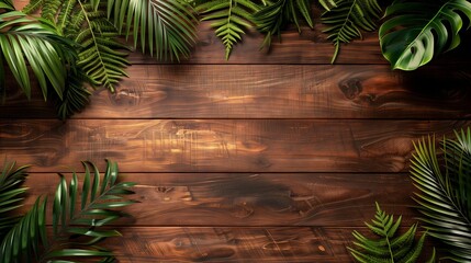 palm leaf on wooden planks background. summer background.