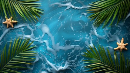 Fototapeta na wymiar tropical summer background with seawater, palm trees, and starfish.
