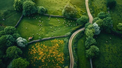 Top-down shot of sheep grazing near a winding road amidst green fields and trees.