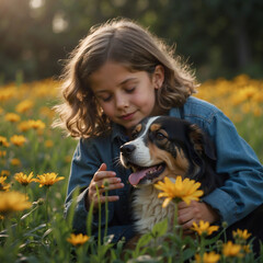 Mädchen und Hund teilen einen Moment des Glücks im Blumenfeld bei Sonnenuntergang - obrazy, fototapety, plakaty