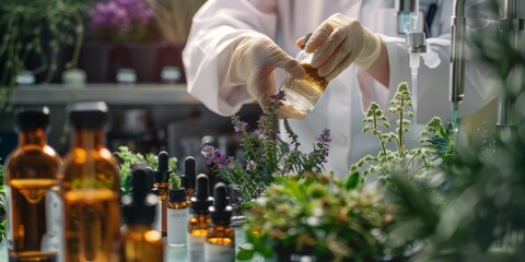 Obraz premium Composition of natural alternative medicine with capsules essence and plants