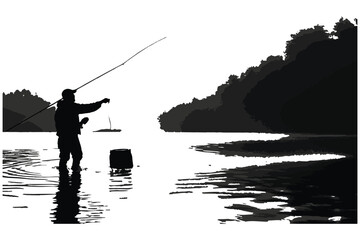 catch a big fish on fishing vector black silhouette