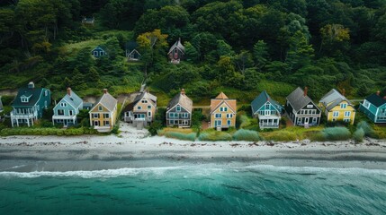 Fototapeta na wymiar Aerial shot of vibrant houses along a forested coastline with a tranquil ocean.