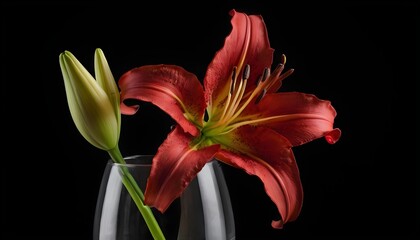 red lily flower in a glass vase on a black background.