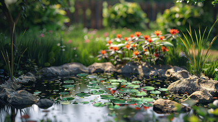 A small pond with water lilies in the garden. Selective focus.