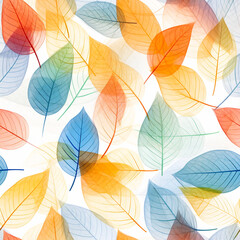 Obraz premium Many leaf colored leaves in a pattern on white, in the style of translucent geometries, textured backgrounds сreated with Generative Ai