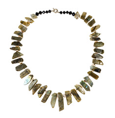 top view of necklace made of polished pieces of natural labradorite stone isolated on white background